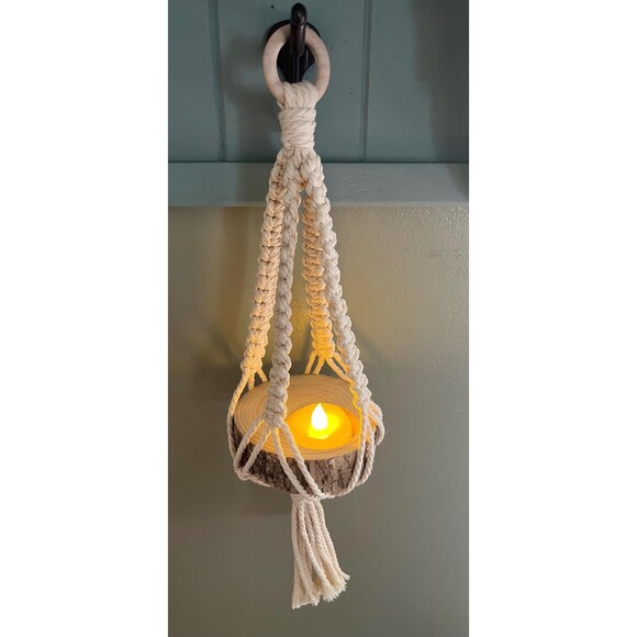 Handmade Hanging Macrame Plant Hanger with Wood Plank Tea Light Holder - Picture 2 of 7